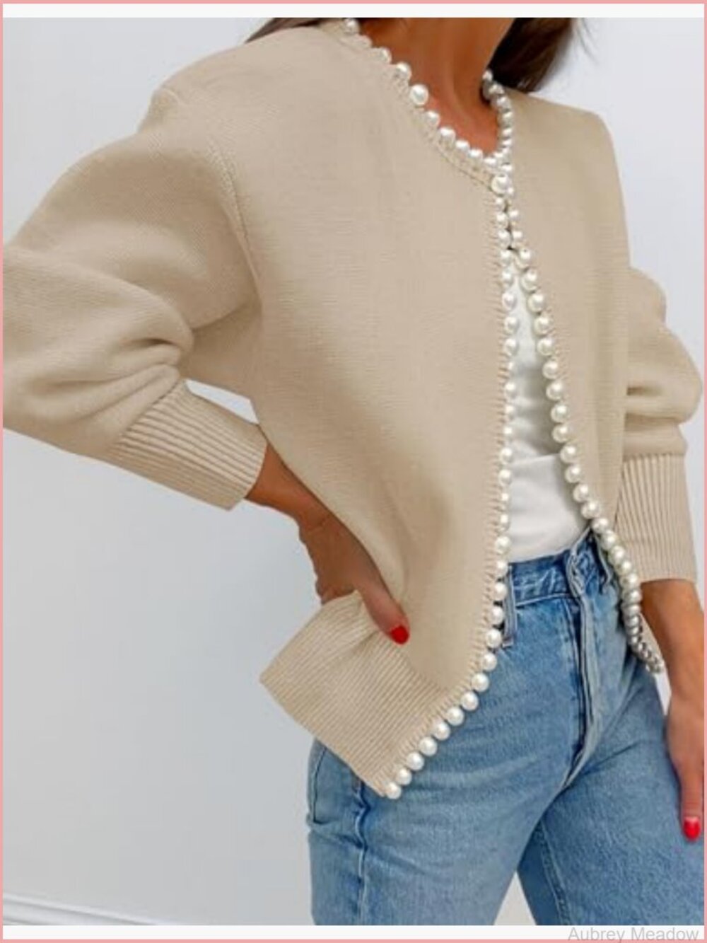 Open Front Cardigan Sweater Long Sleeve Pearl Trim Knit Coat - Picture 2 of 7